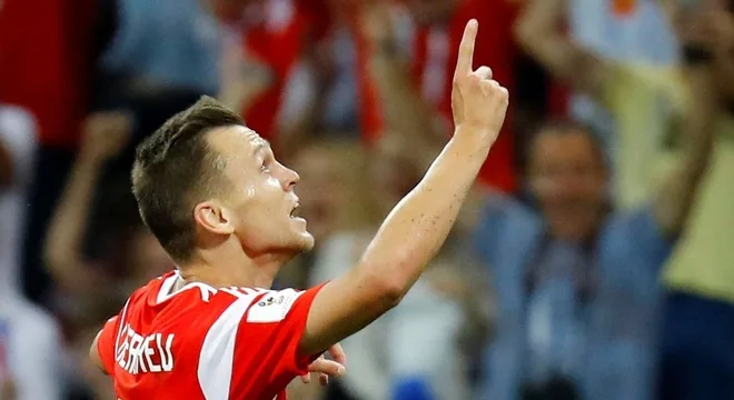 Soccer Football – World Cup – Quarter Final – Russia vs Croatia – Fisht Stadium, Sochi, Russia – July 7, 2018 Russia’s Denis Cheryshev celebrates scoring their first goal REUTERS/Kai Pfaffenbach