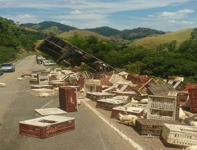 Caminhão carregado de galinhas tomba e interdita rodovia no Sul do Espírito Santo