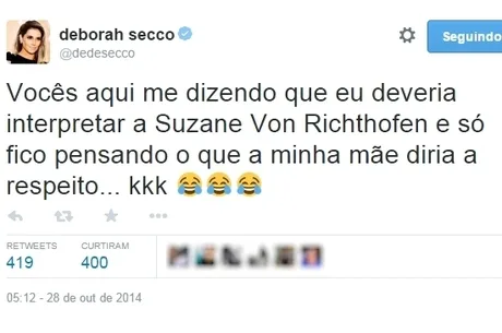 Fãs pedem que Deborah Secco interprete Suzane Von Richthofen no cinema e atriz brinca no Twitter