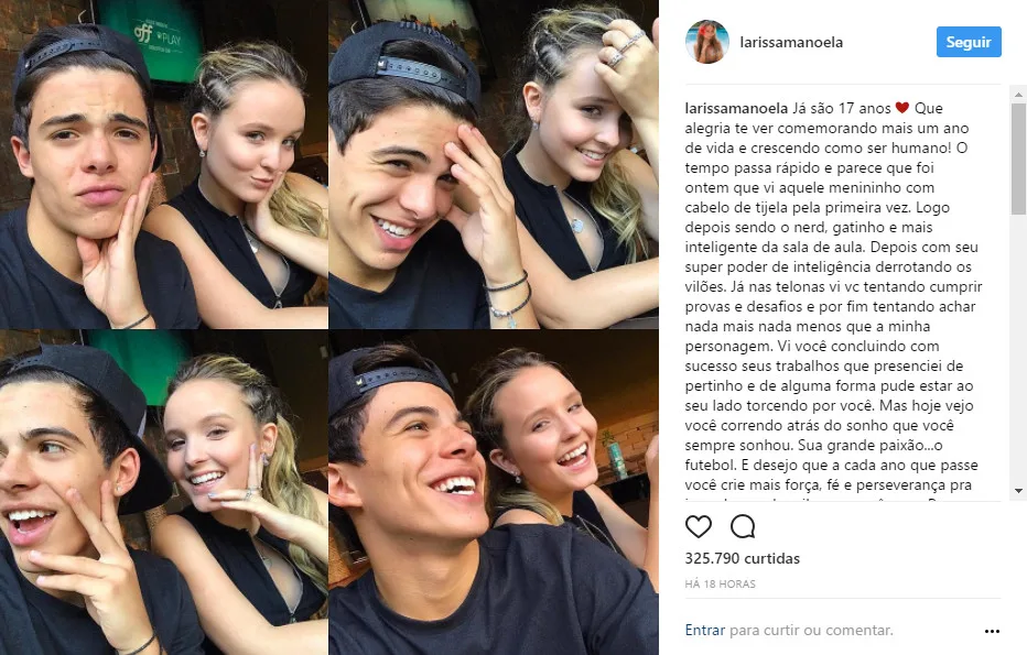 Larissa Manoela comemora aniversário de Thomaz Costa e diz que o 1º beijo foi com ele