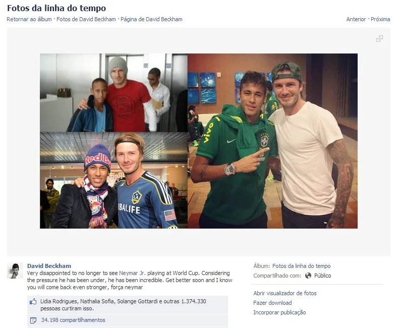 Após lesão de Neymar, David Beckham publica foto ao lado do craque brasileiro ainda criança