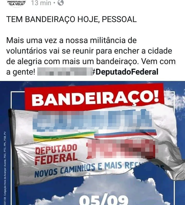 Bandeiraço de candidato a deputado federal é divulgado no Facebook da PMVV