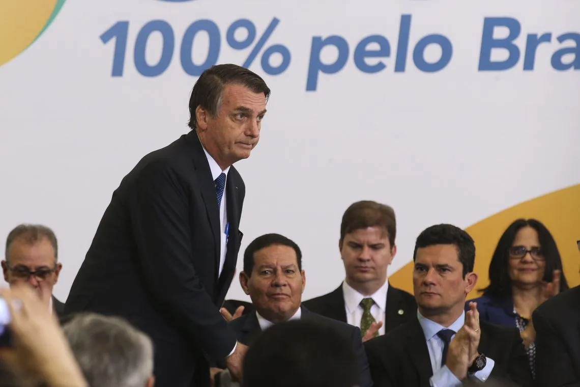 O presidente Jair Bolsonaro participa da cerimônia sobre os 100 dias de governo