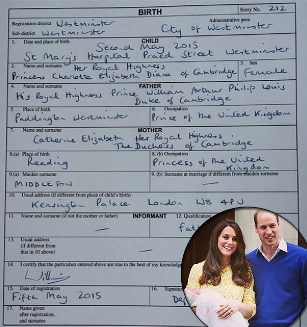 Príncipe William e Kate Middleton mostram certidão de nascimento da filha