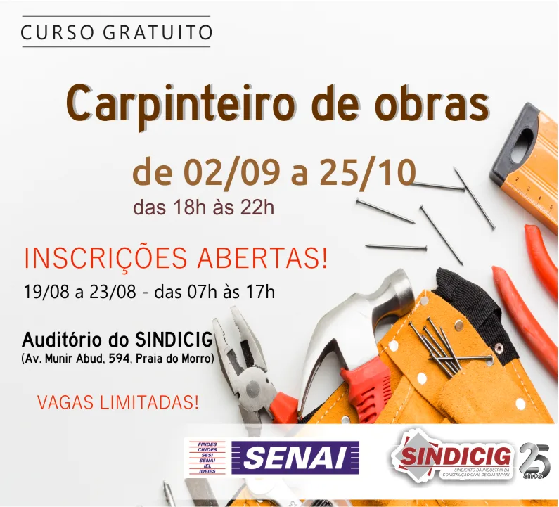 Oportunidade: Inscrições abertas para curso de carpinteiro de obras em Guarapari