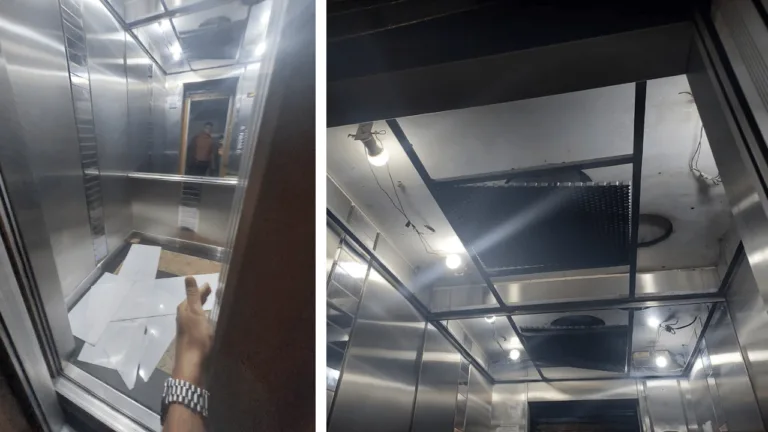 O elevador ficou danificado após bater no teto de prédio usado pela Fames. Um estudante estava dentro e por milagre não se feriu. Foto: Arthur Siqueira de Carvalho