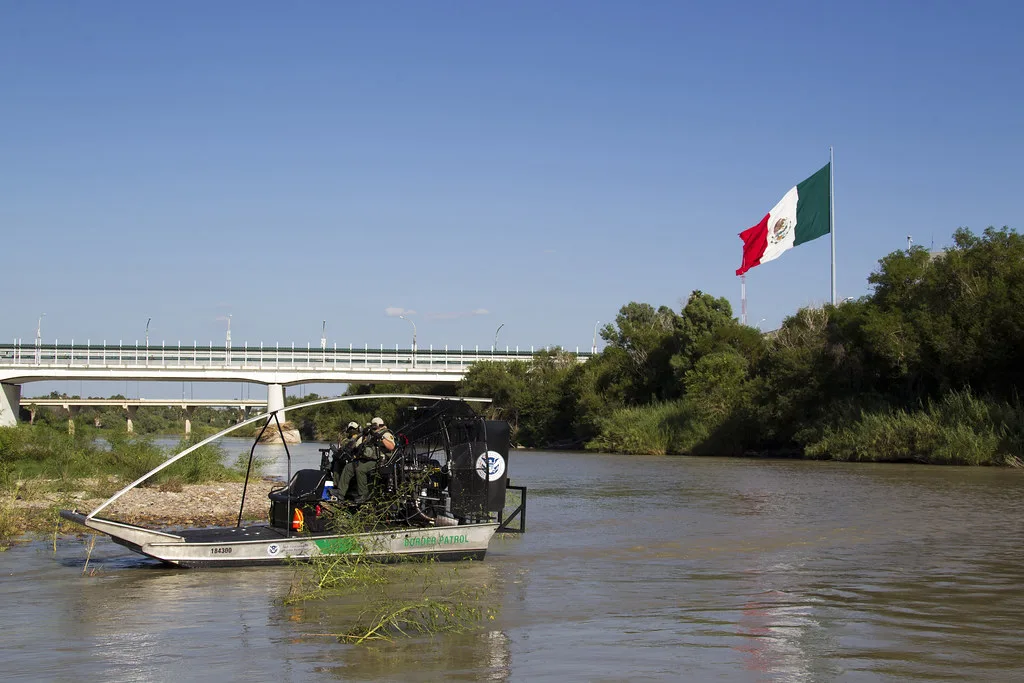 Border Patrol Agent patrol on Safe-Boat in South Texas McAllen, Rio Grande Valley river on September 24, 2013. Photographer: Donna Burton