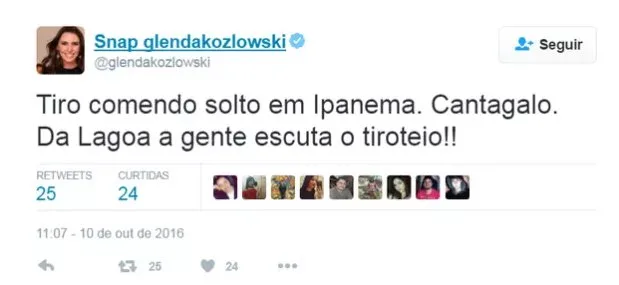 Glenda Kozlowski relata tiros em suas redes sociais