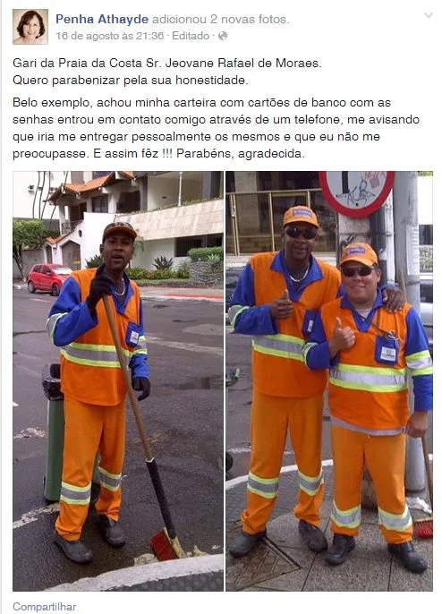 Gari encontra carteira com cartões de banco e devolve à aposentada em Vila Velha