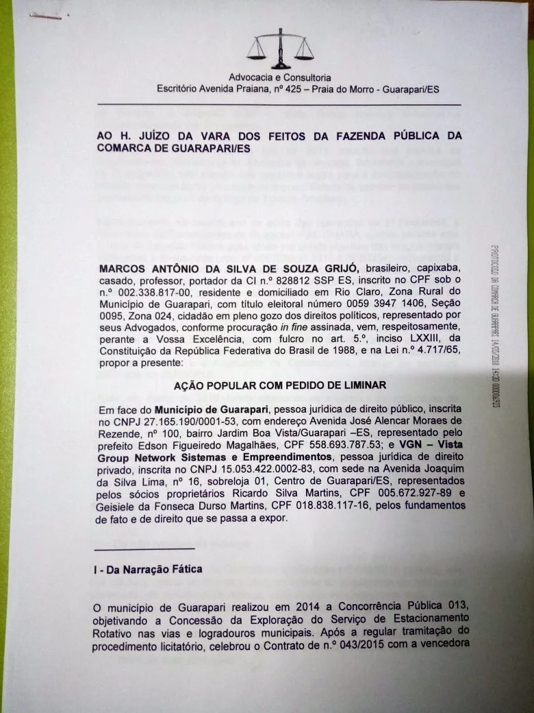 Vereador de Guarapari entra com Ação Popular contra Prefeitura e sistema de rotativo