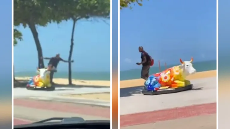 VÍDEO | Homem é flagrado chutando vaquinha da CowParade em Vila Velha