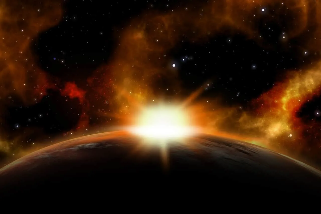 3D space background with the sun rising over a fictional planet