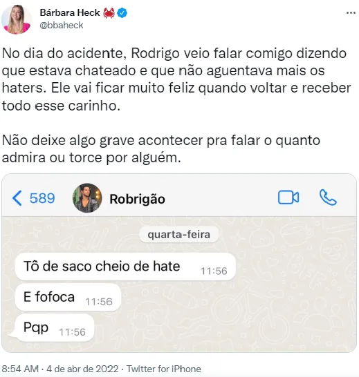 Bárbara Heck mostra mensagem de Rodrigo Mussi antes do acidente