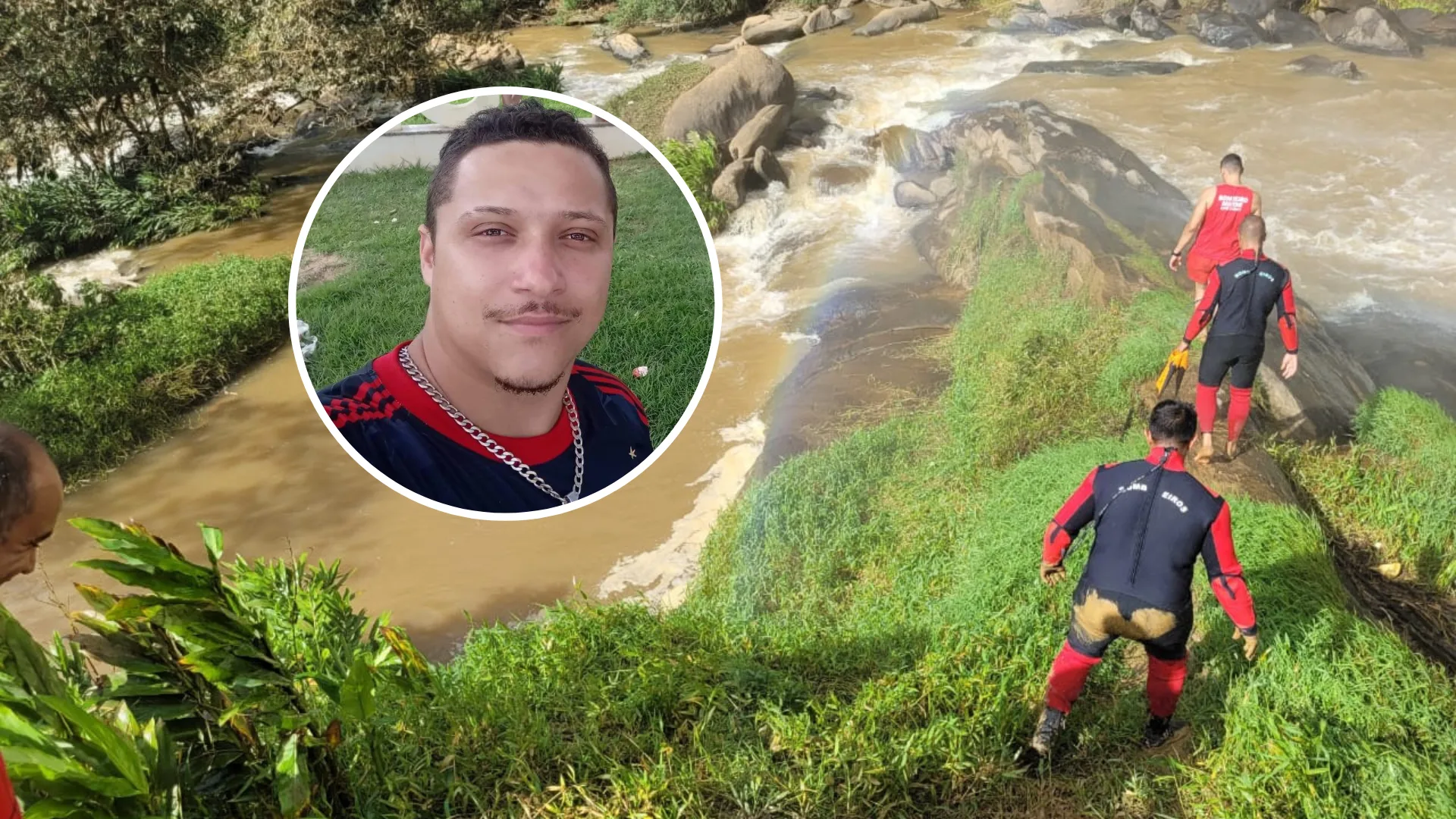 Fotos e vídeos mostram buscas em cachoeira onde banhista desapareceu no ES