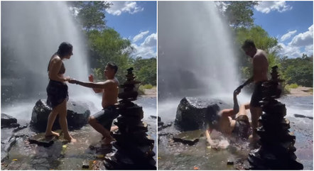 VÍDEO | Noiva leva tombo após ser pedida em casamento em cachoeira