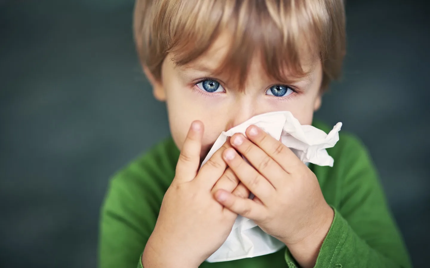 Cute sick boy aged 2 with runny nose tries to blow his nose.