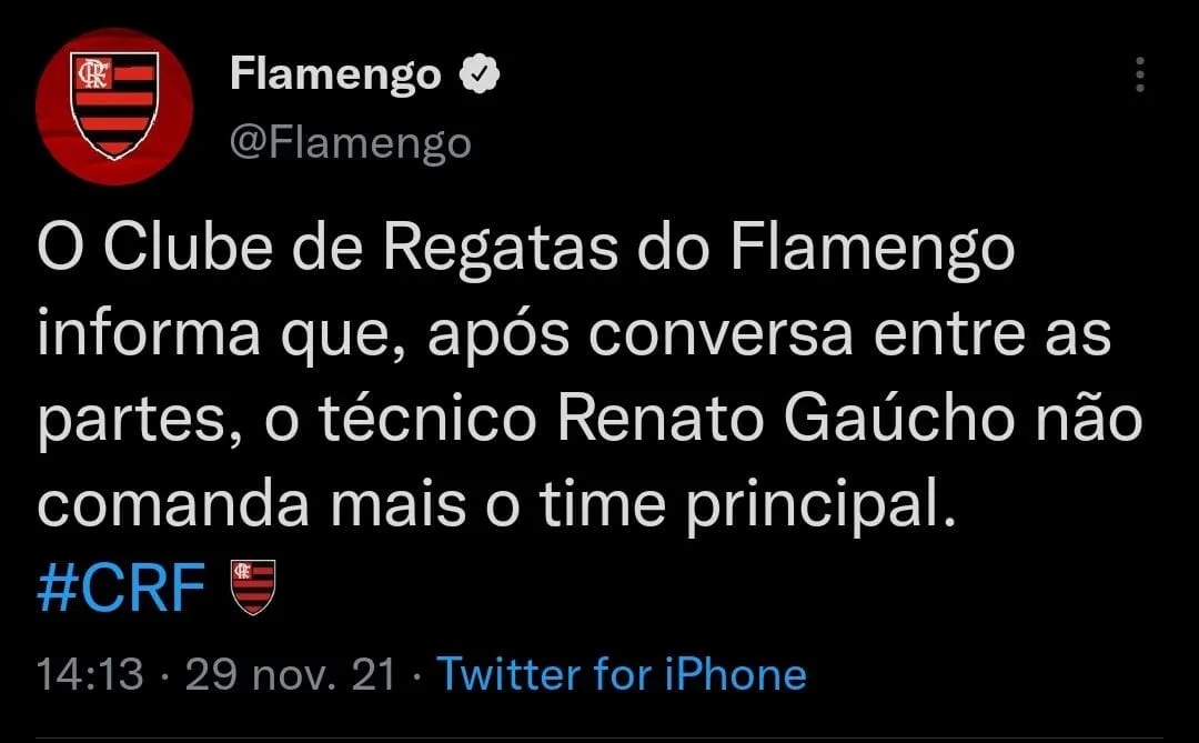 Após vice da Libertadores, Flamengo anuncia a demissão de Renato Gaúcho