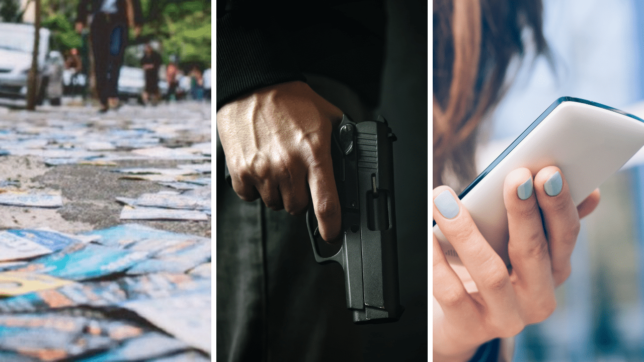 Santinhos, arma e celular o que não pode nas eleições. Fotos: TRE-SC e Canva