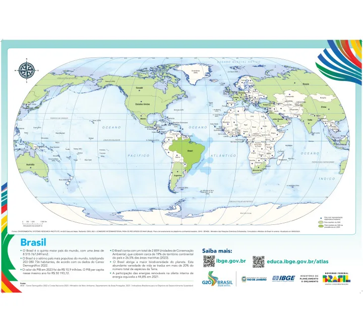 IBGE começa a vender mapa-múndi com o Brasil no centro; saiba o preço