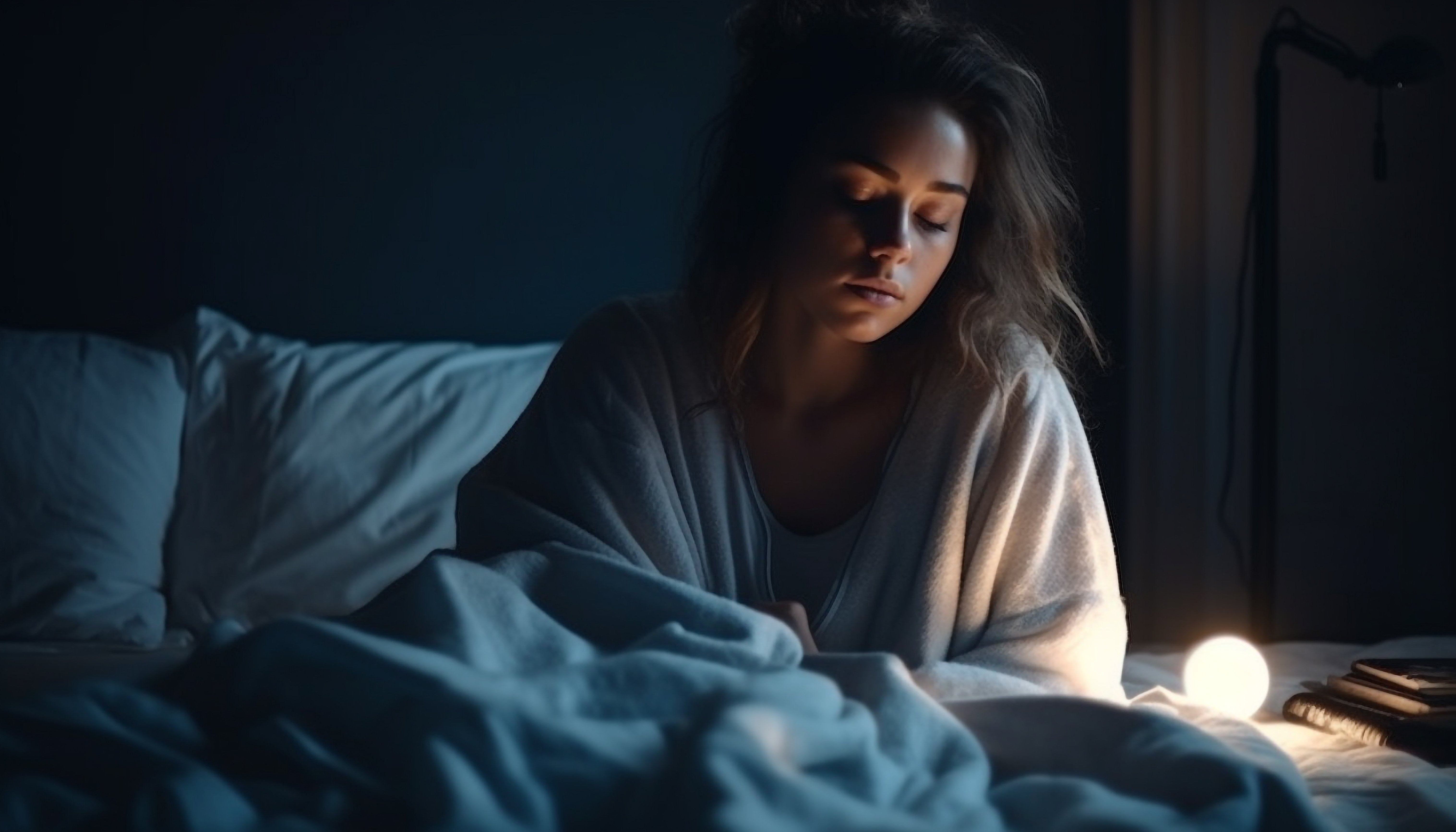Uma mulher senta-se na cama, enrolada num cobertor, olhando para baixo com uma expressão pensativa. Tendo acordado às 3h da madrugada, ela é banhada pelo brilho suave de uma lâmpada fraca ao seu lado, na escuridão silenciosa.