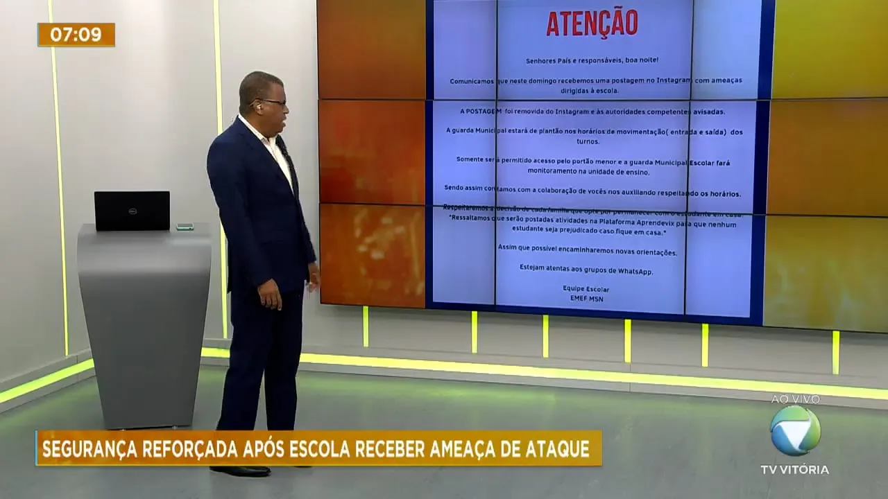 Escola de Vitória tem segurança reforçada após receber ameaça de ataque pela internet