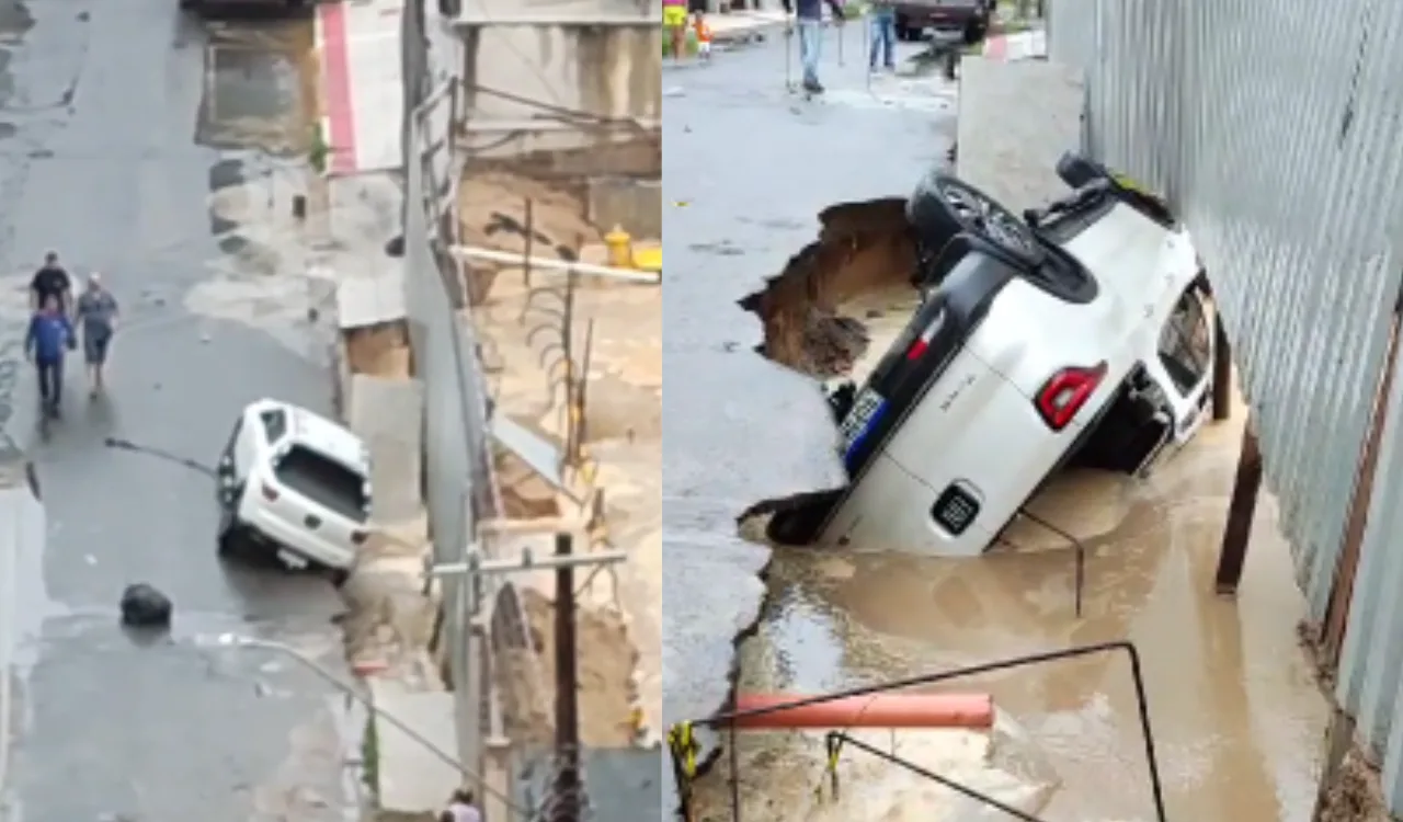 VÍDEO | Caminhonete é "engolida" por buraco após chuva em Guarapari