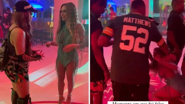 A queda! Nicole Bahls sofre acidente em festa ao ir falar com Gloria Groove