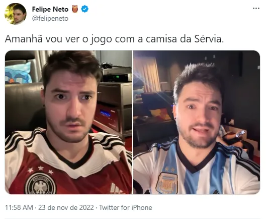 Felipe Neto faz piada ao torcer para as seleções que perderam na Copa do Mundo do Qatar