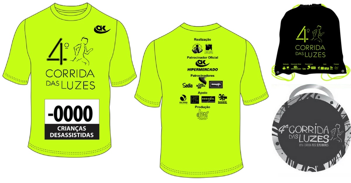 Kit da Corrida das Luzes tem camisa neon, nº de peito negativo e medalha top! Últimos dias para garantir o seu