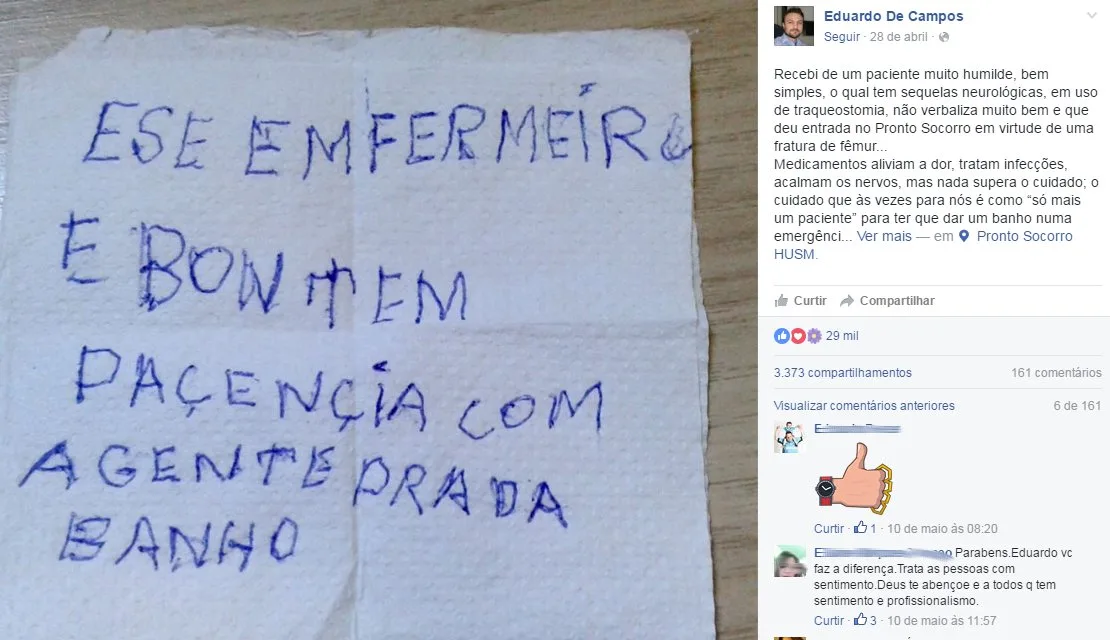 Paciente agradece em guardanapo atendimento de enfermeiro e imagem 'bomba' nas redes