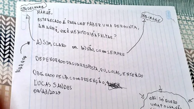 Menino escreve bilhete pedindo para faltar aula e viraliza: “só quero folga”