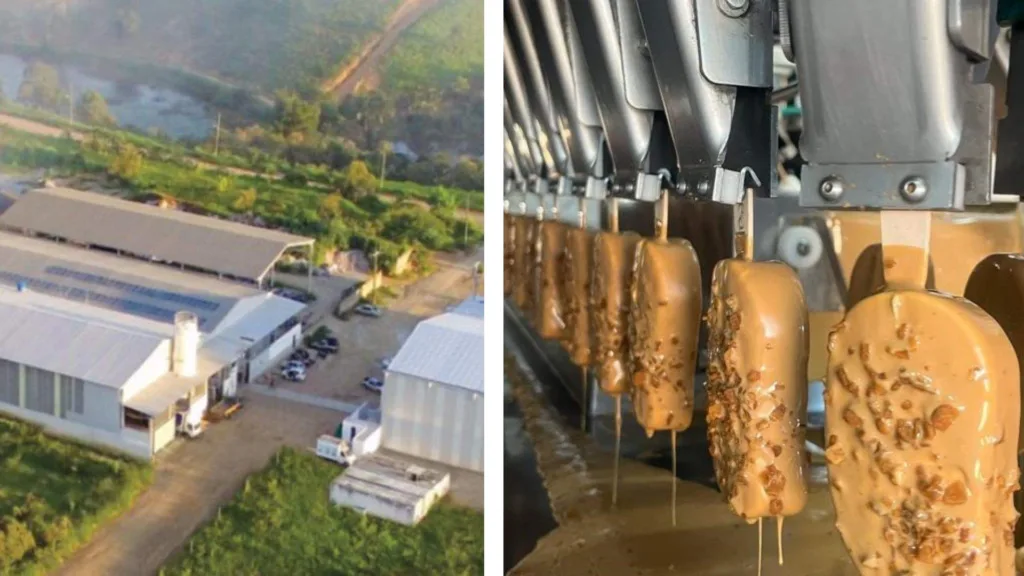 O complexo industrial do Grupo Lamoia em Piúma e os picolés saindo da linha de produção: aposta em tecnologia e investimento para produzir 25 milhões de picolés por ano até 2026. Crédito: Divulgação/ Grupo Lamoia O complexo industrial do Grupo Lamoia em Piúma e os picolés saindo da linha de produção: aposta em tecnologia e investimento para produzir 25 milhões de picolés por ano até 2026. Crédito: Divulgação/ Grupo Lamoia