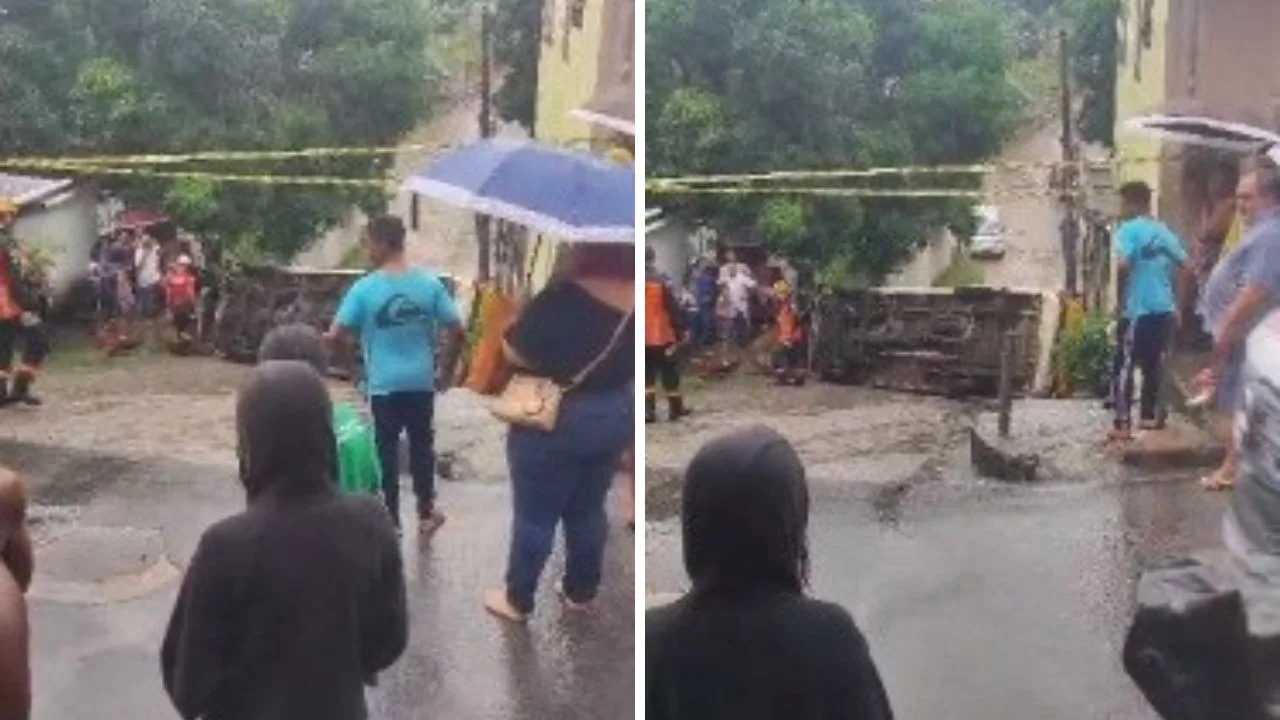 VÍDEO | Van escolar com crianças capota em ladeira em Cariacica