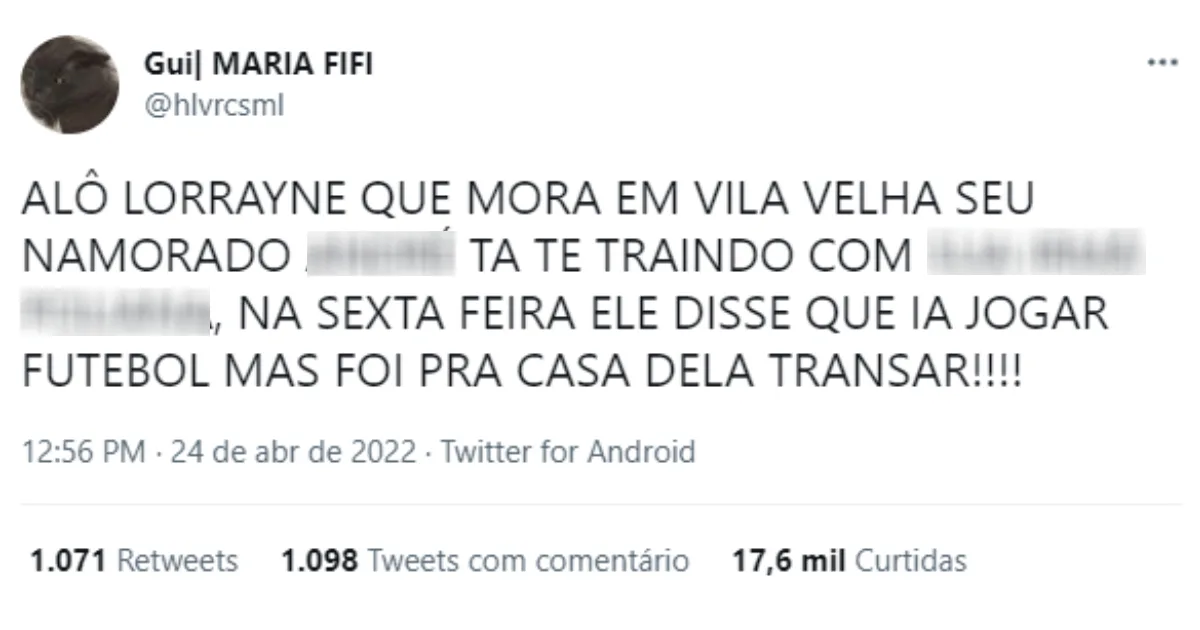 Capixaba de Vila Velha descobre traição do namorado no Twitter: "Pediu perdão"