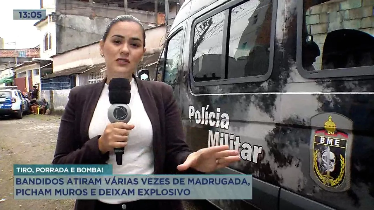 Bandidos atiram várias vezes de madrugada, picham muros e deixam explosivo