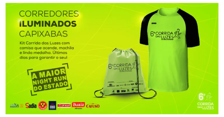 Kit da Corrida das Luzes tem camisa que acende, nº de peito negativo e medalha linda! Últimos dias para garantir o seu