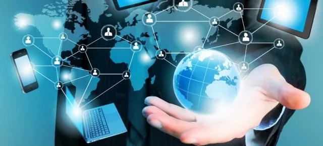 Image of business person holding devices in hands