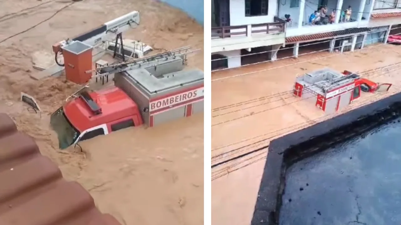 VÍDEO | Carro do Corpo de Bombeiros é arrastado pela enxurrada no Sul do ES