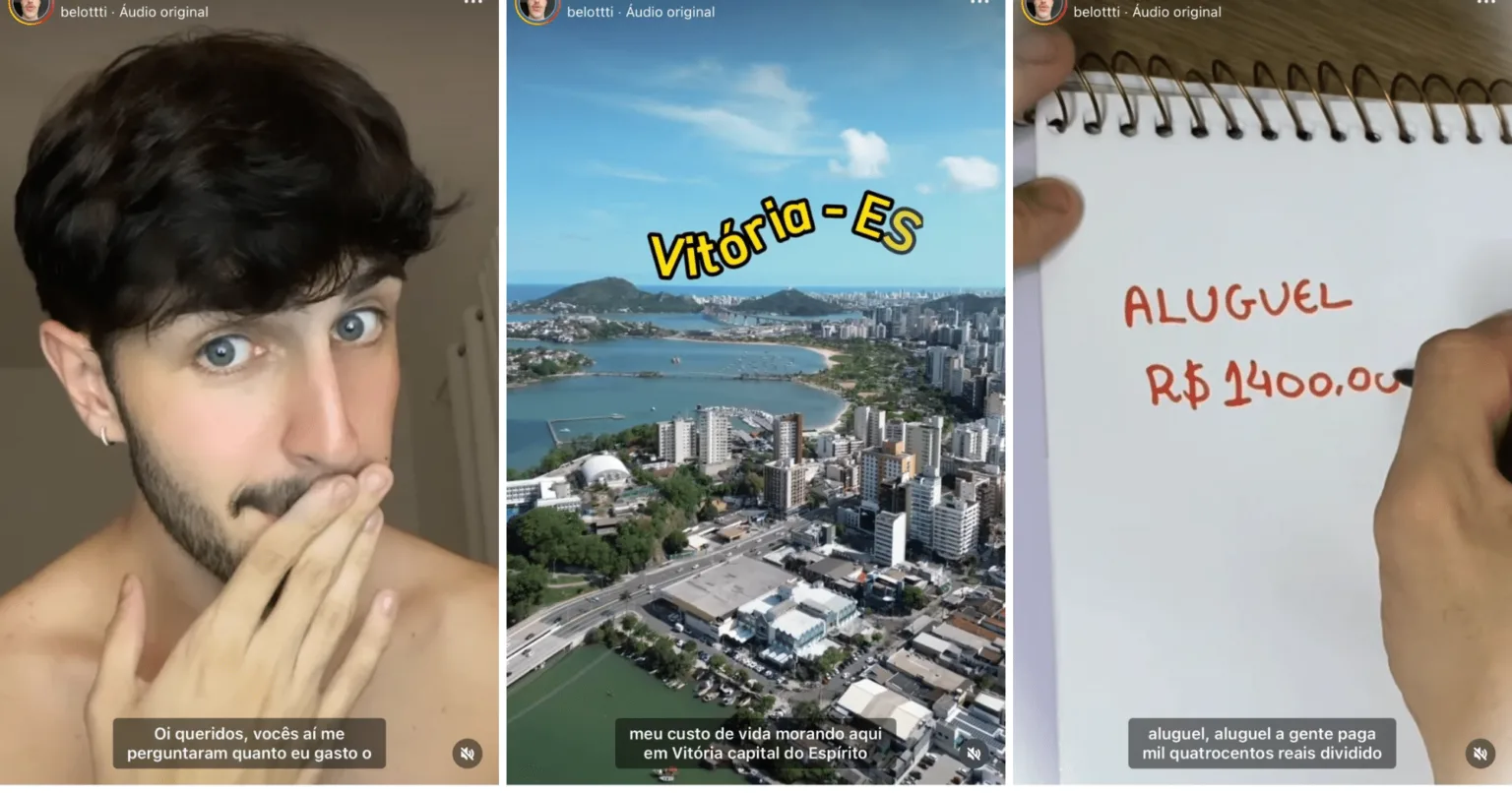R$ 1,8 mil: influencer viraliza vídeo sobre quanto custa morar em Vitória (Foto: Reprodução/Instagram @belottti) R$ 1,8 mil: influencer viraliza vídeo sobre quanto custa morar em Vitória (Foto: Reprodução/Instagram @belottti)