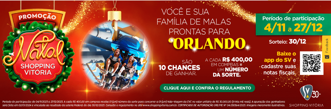Shopping Vitória vai sortear 10 viagens para Orlando em Promoção de Natal Shopping Vitória vai sortear 10 viagens para Orlando em Promoção de Natal