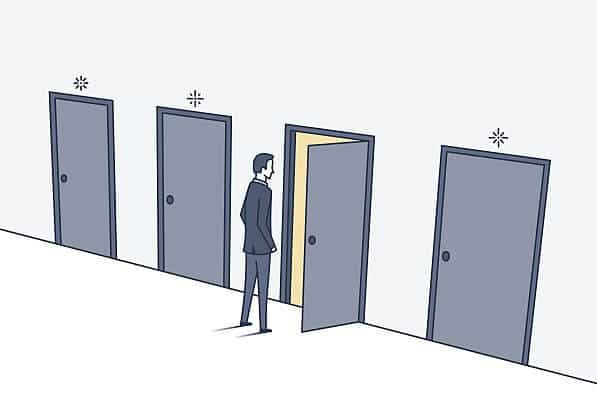 Abstract and symbolic presentation. Business decisions. Concept of businessman choosing the right door. Outline vector illustration.