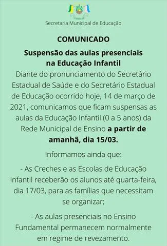 Aulas presenciais da Educação Infantil são suspensas por 21 dias