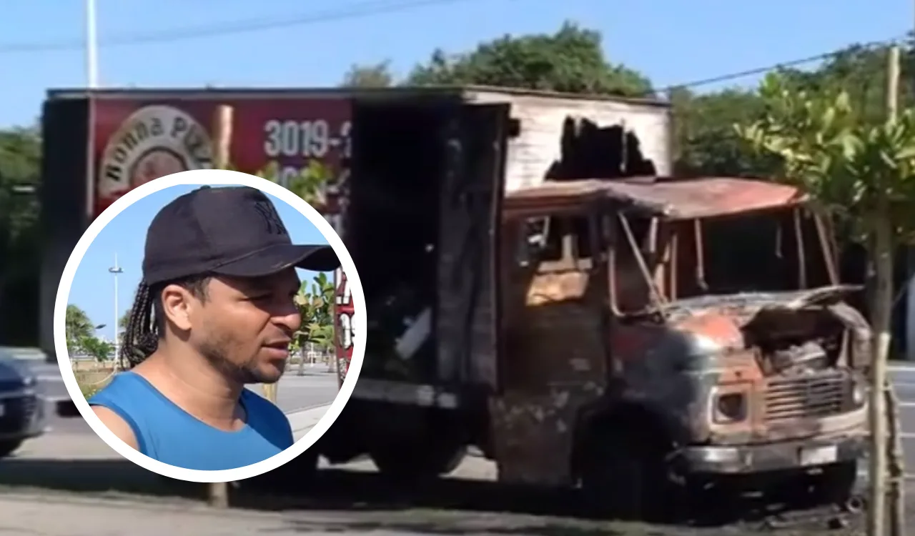 Caminhão de vendedor de coco pega fogo na orla de Camburi