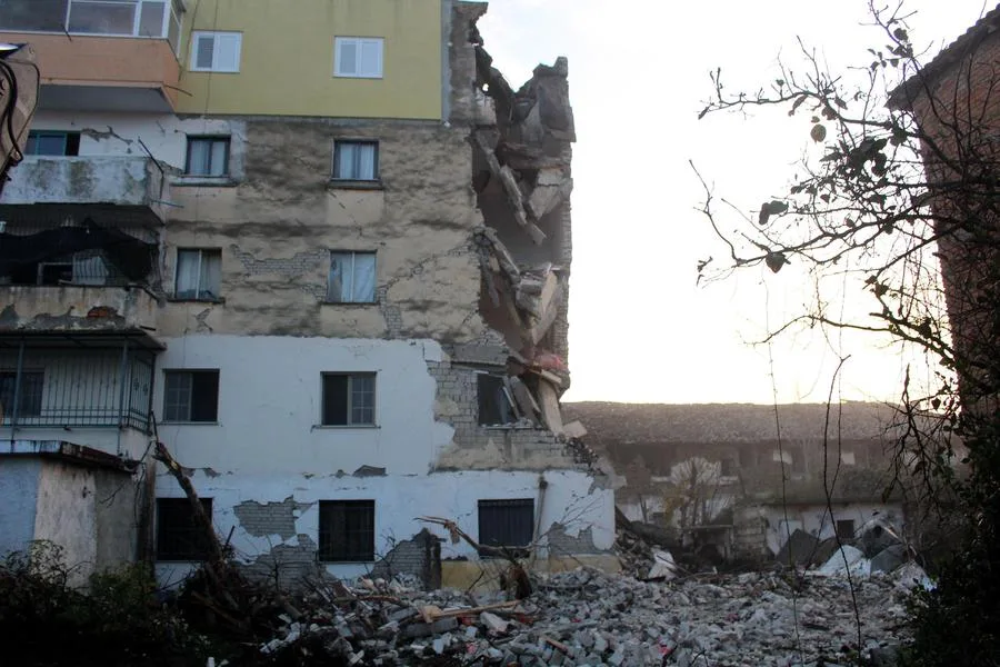 epa08025914 Rubble of a building after an earthquake hit Thumane, Albania, 25 November 2019. Albania was hit by a 6.4 magnitude earthquake on 26 November 2019, leaving three people dead and dozens injured. EPA/MALTON DIBRA