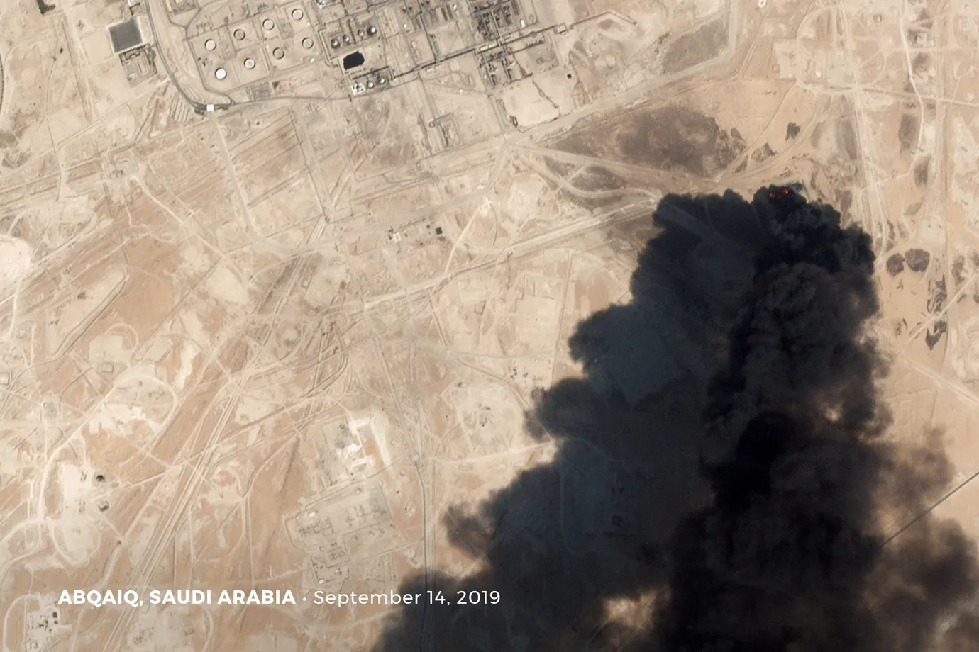 A satellite image shows an apparent drone strike on an Aramco oil facility in Abqaiq, Saudi Arabia September 14, 2019. Planet Labs Inc/Handout via REUTERS THIS IMAGE HAS BEEN SUPPLIED BY A THIRD PARTY. NO SALES NO ARCHIVES TPX IMAGES OF THE DAY