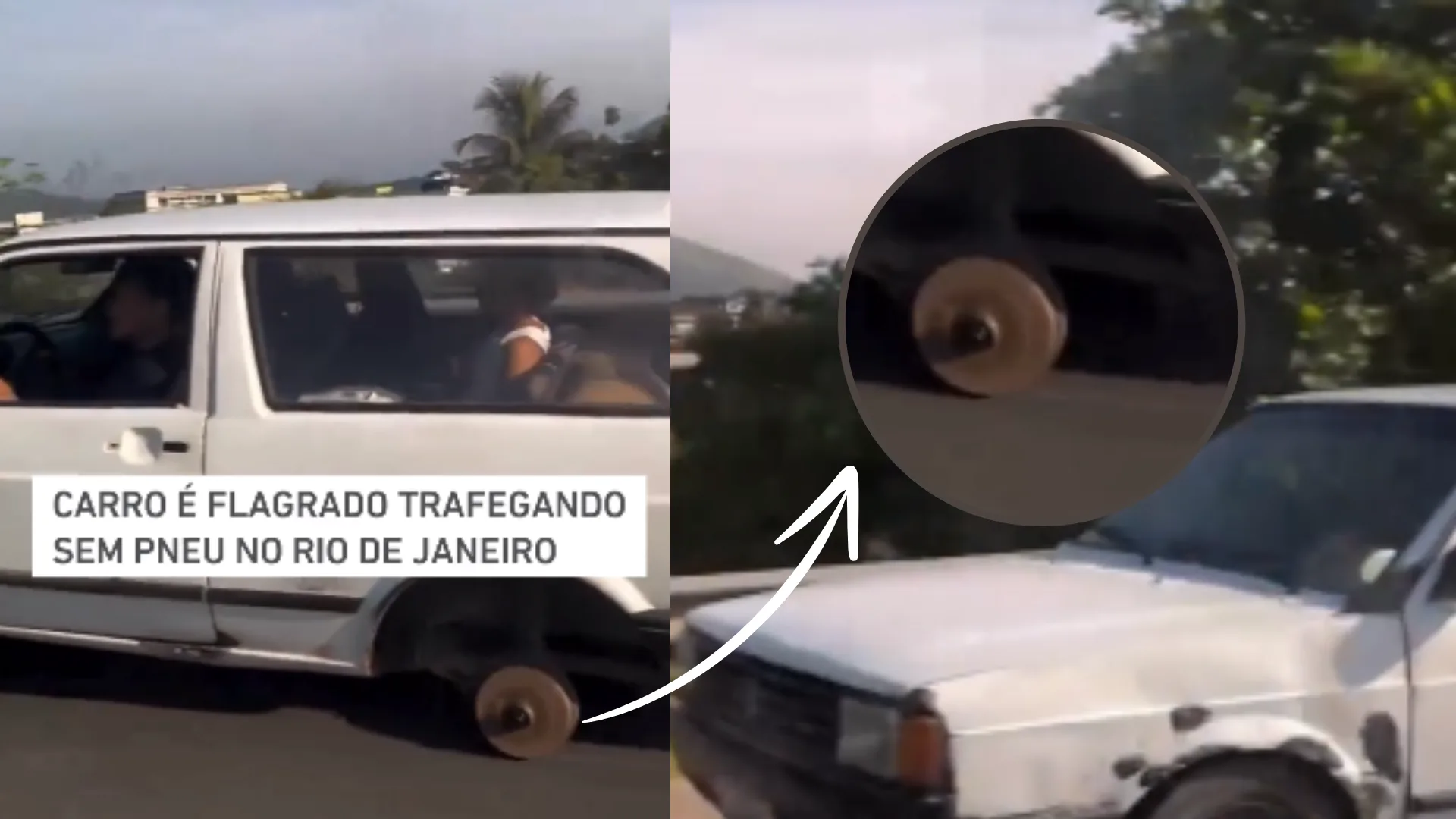 Perigo! Carro anda sem pneu no RJ e viraliza; veja vídeo e flagra bizarro