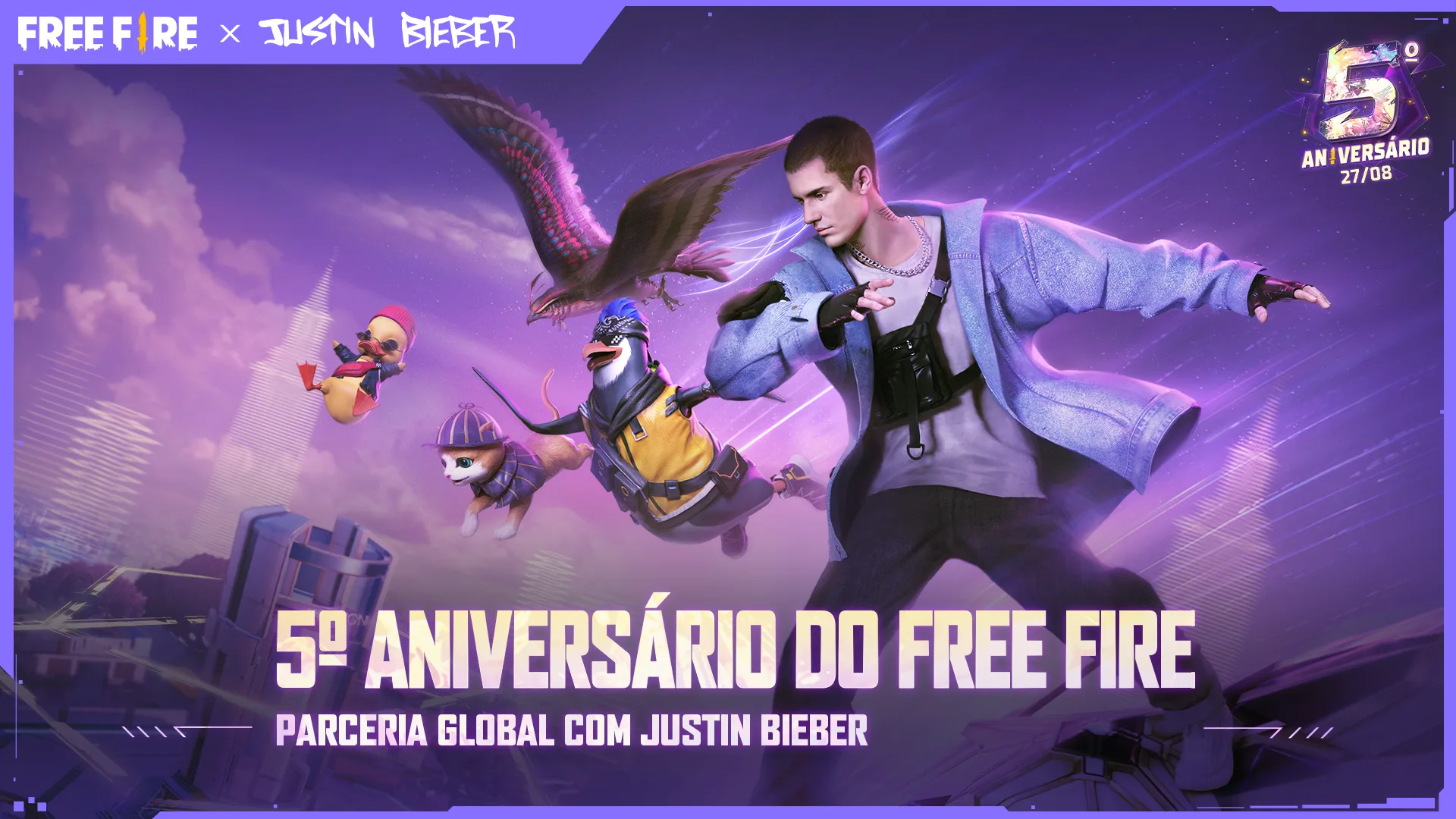 Free Fire anuncia parceria com Justin Bieber para celebrar 5 anos