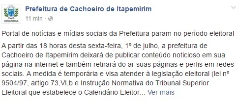 Para atender legislação eleitoral, prefeitura de Cachoeiro tira página do Facebook do ar