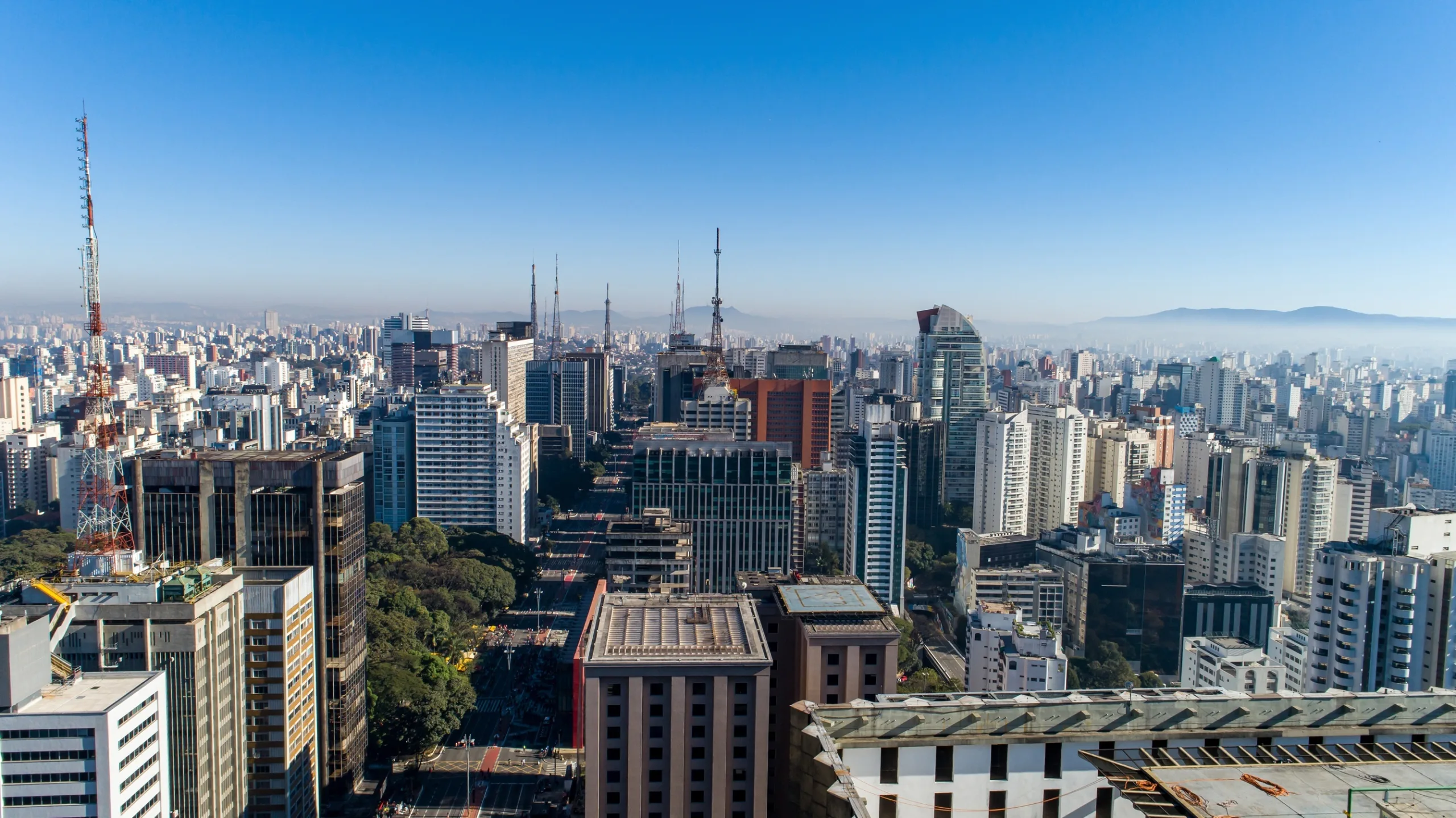 Aerial view of Av. Paulista in São Paulo, SP. Main avenue of the capital. Sunday day, without cars, with people walking on the street.