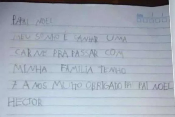 Menino pede carne em cartinha para o Papai Noel e internautas ajudam com vaquinha